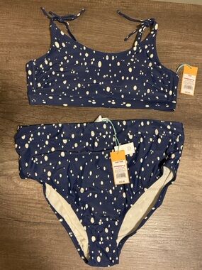 Navy White polka dot Tie-Shoulder Bikini Set